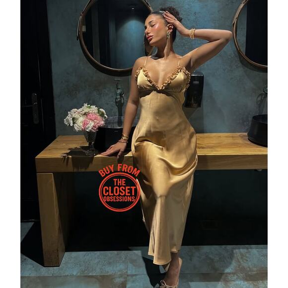 ZARA Satin Effect Slip Midi Dress NWT | Gold Ochre | Adjustable Straps - Picture 8 of 16